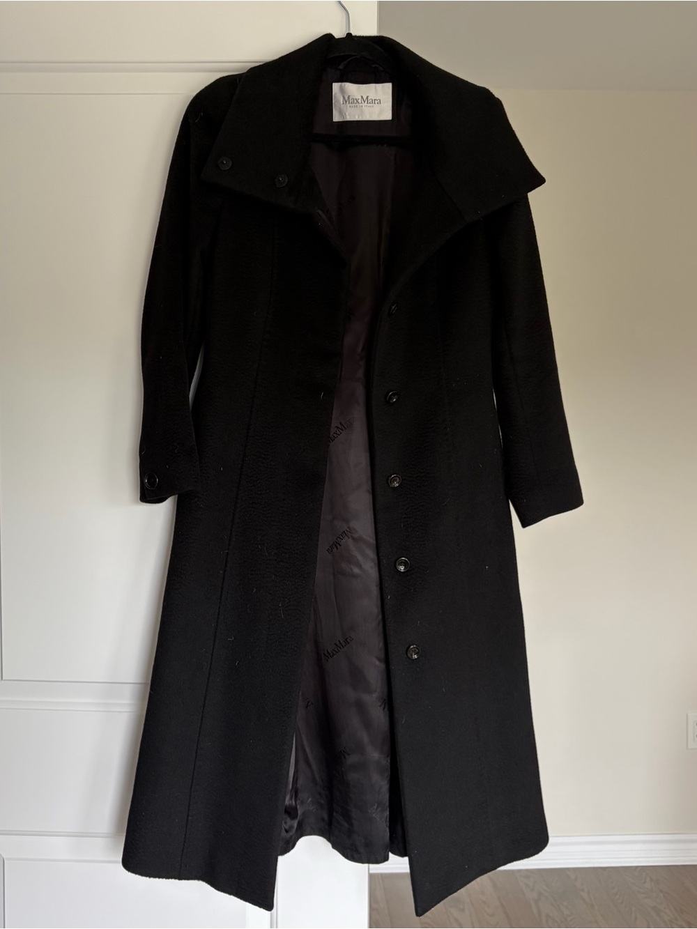 MaxMara Black Wool Trench Coat with Wide Collar